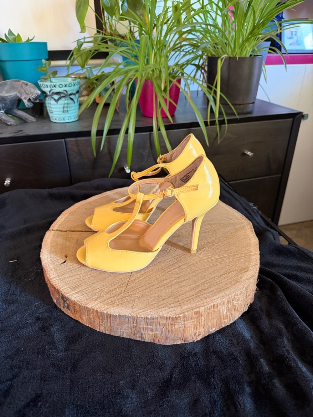 Gloss Yellow Patent T-Strap Peep-Toe Stiletto Heels
